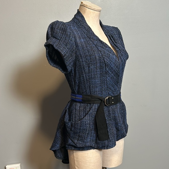 Nanette Lepore Blue Tweed Belted Asymmetrical Blazer size 4 - Picture 7 of 16